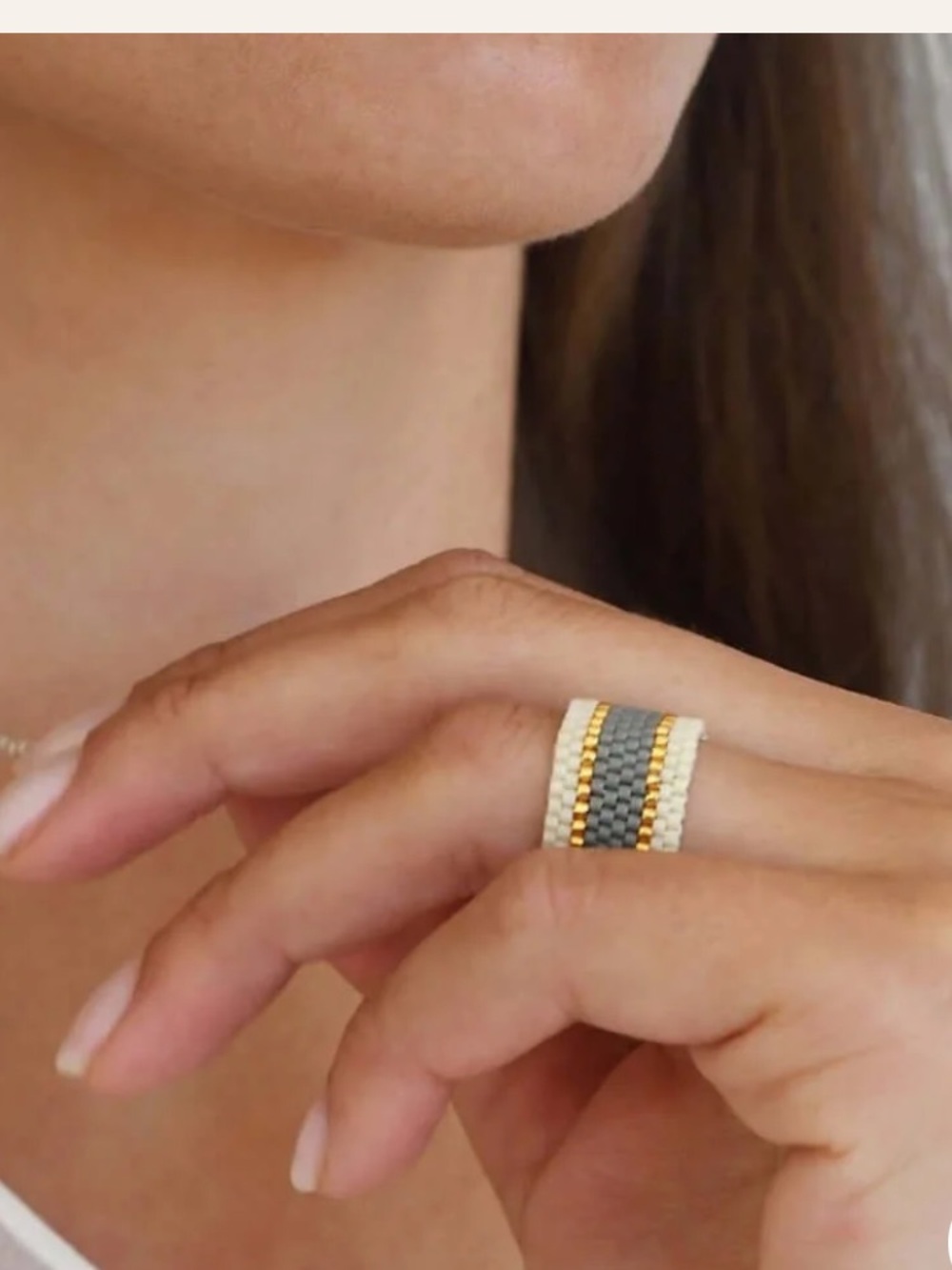 Maasai Beaded Ring Wide – Cream Grey & Gold Handmade woven mesh ring NEW